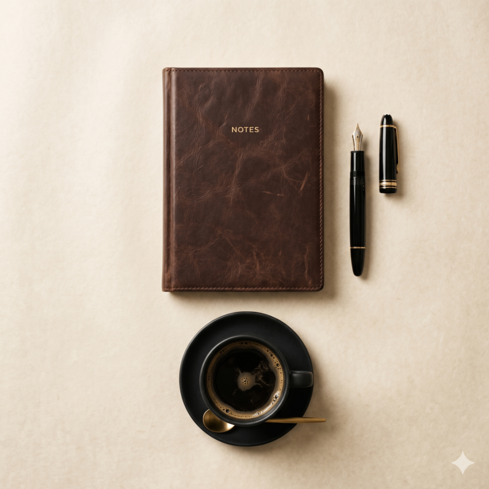 Caderno de notas, caneta e café em composição editorial, remetendo ao bloco final de perguntas e respostas.