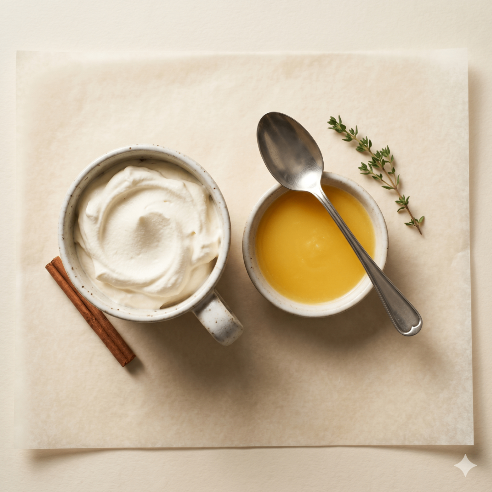 Iogurte, creme dourado e ervas em composição editorial suave sobre papel creme.