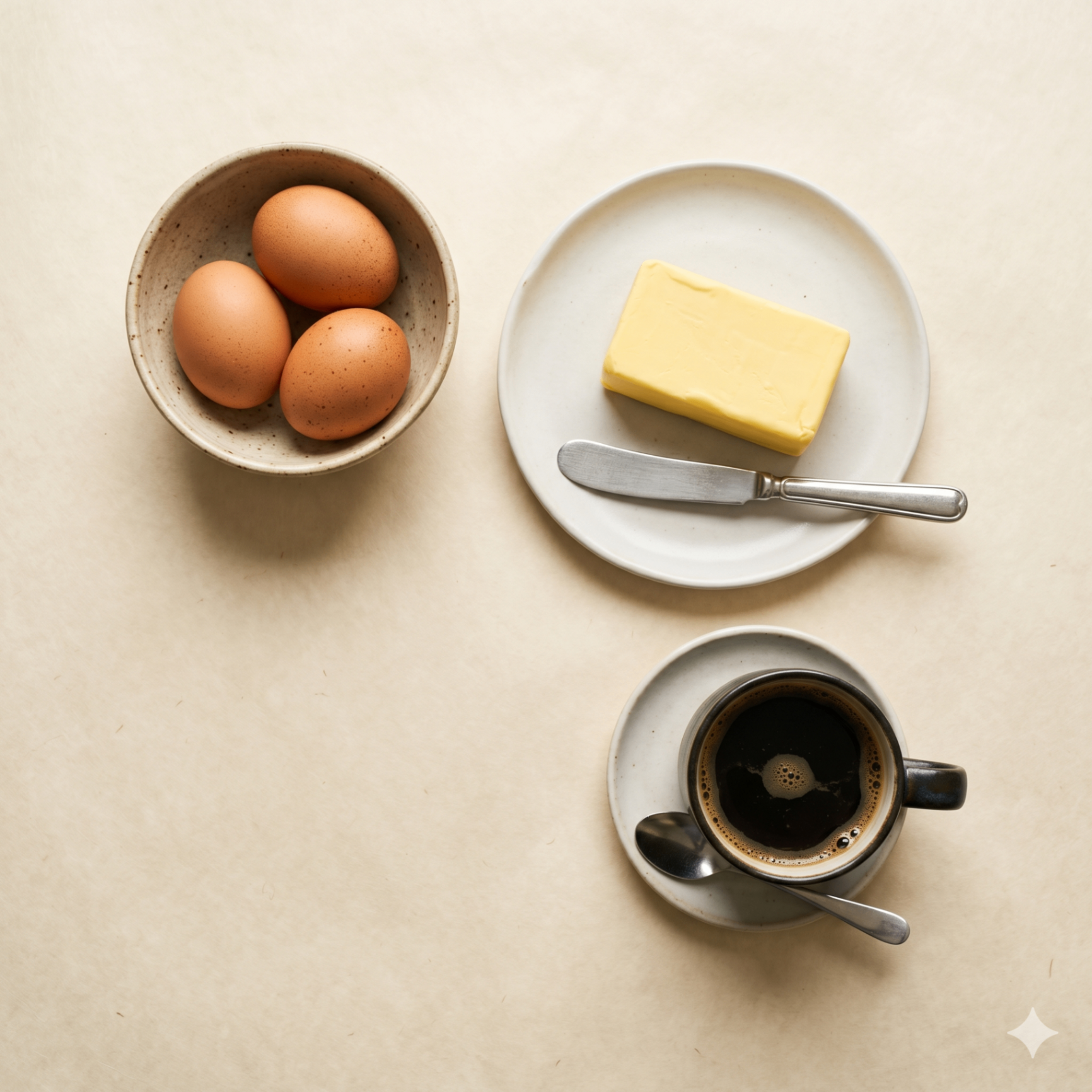 Ovos, manteiga e café sobre superfície creme, ilustrando os fundamentos da alimentação cetogênica.